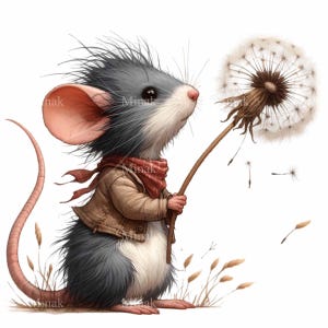 Muis met paardebloem PNG-clipart - 14 schattige bosdierenillustratie - schattige kunst met natuurthema