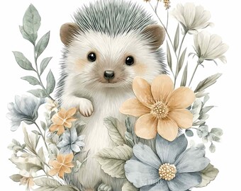16 Hedgehog Floral PNG, Pastel Flower Garden Wildlife Sublimation Botanical Graphic