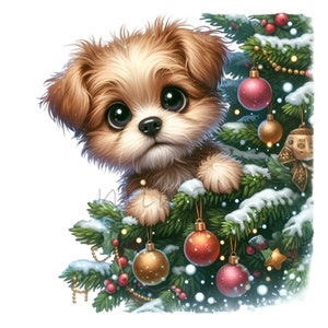 14 Cute Christmas Puppy PNG Clipart in Decorated Tree with Ornaments and Snow for Holiday Cards, Sublimation, Pet Decor Art
