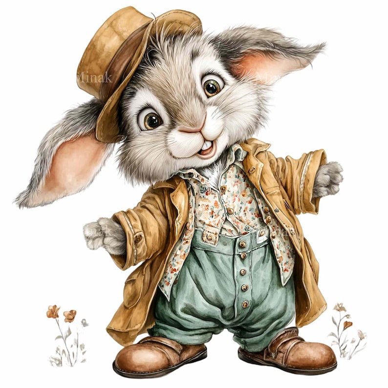 Puede incluir: Ilustraci&oacute;n en acuarela de un conejo alegre con sombrero marr&oacute;n, chaqueta beige, camisa floral y pantalones verdes. El conejo sonr&iacute;e y est&aacute; de pie con los brazos extendidos. Zapatos marrones completan el atuendo. La imagen tiene un aire caprichoso.