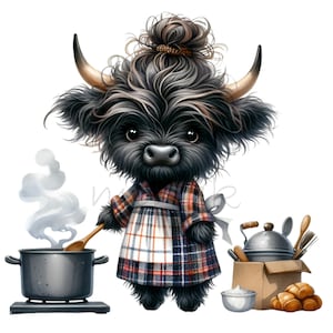 15 Cute Highland Cow PNG Clipart Cozinhando em Avental com Itens de Cozinha, Engraçado Chef Cow Art para Decoração de Fazenda Download