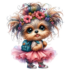 14 Clipart chiot mignon PNG, lunatique chien Yorkie en tutu avec sac à dos, téléchargement numérique animal fantastique pour sublimation