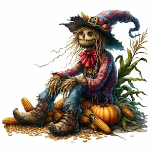 10 Rustic Scarecrow with Corn PNG Clipart – Autumn Harvest Scarecrow with Pumpkin – Fall Farm Digital Artwork