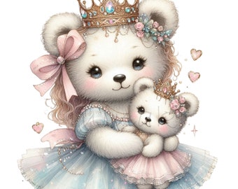 May include: Two white teddy bears wearing princess crowns and dresses. The larger bear is holding the smaller bear. Both bears have blue eyes and pink accents.