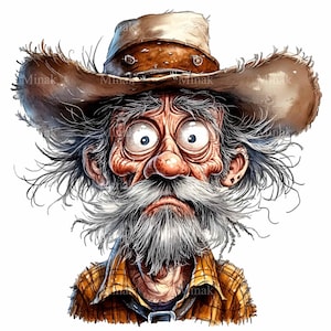15 grappige cowboy PNG-clipart, smerige rancher met grote hoed en wilde baard, grillig westers karakter, digitale download
