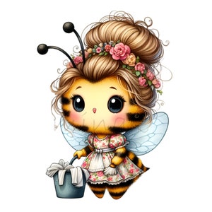 May include: A charming cartoon bee character with large eyes, wearing a floral dress and a flower crown. The bee has black and yellow stripes and holds a blue bucket with white linens. The bee has light blue wings and black antennae.