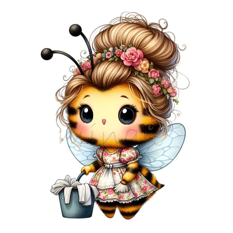 May include: A charming cartoon bee character with large eyes, wearing a floral dress and a flower crown. The bee has black and yellow stripes and holds a blue bucket with white linens. The bee has light blue wings and black antennae.