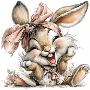 Puede incluir: Ilustraci&oacute;n en acuarela de un conejito sonriente con pelaje marr&oacute;n, que lleva un pa&ntilde;uelo rosa y un lazo a juego. El conejito viste una camisa blanca con una bufanda rosa y est&aacute; rodeado de peque&ntilde;as flores rosas.