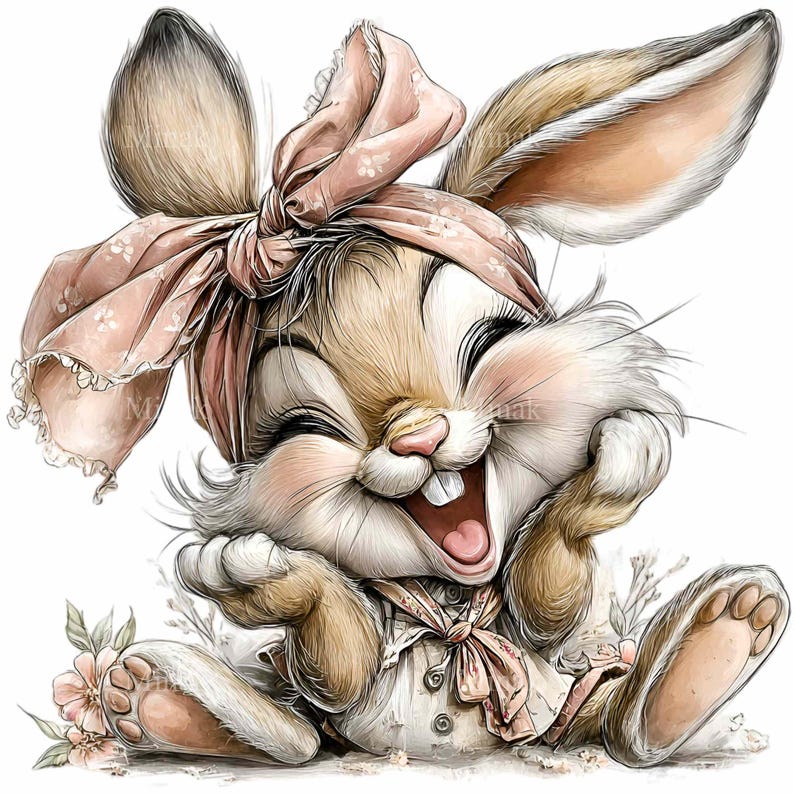Puede incluir: Ilustraci&oacute;n en acuarela de un conejito sonriente con pelaje marr&oacute;n, que lleva un pa&ntilde;uelo rosa y un lazo a juego. El conejito viste una camisa blanca con una bufanda rosa y est&aacute; rodeado de peque&ntilde;as flores rosas.