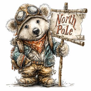 11 PNG Arctic Explorer Bear Clipart – Winter Adventure Animal PNG – Cute Christmas Traveler with Sign for Cards, Crafts, Stickers
