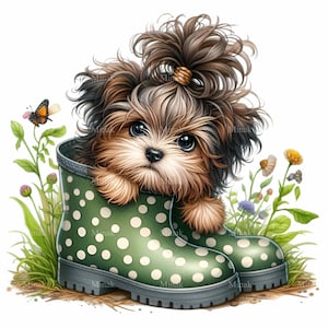Cachorro con botas de lunares PNG Clipart - 12 lindas ilustraciones de mascotas para álbumes de recortes, manualidades y decoración del hogar