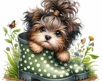 12 PNG Spring Puppy Clipart – Dog in Garden Boots Illustration, Flower Pet Art, Sublimation Design, Printable Nursery and Craft Project