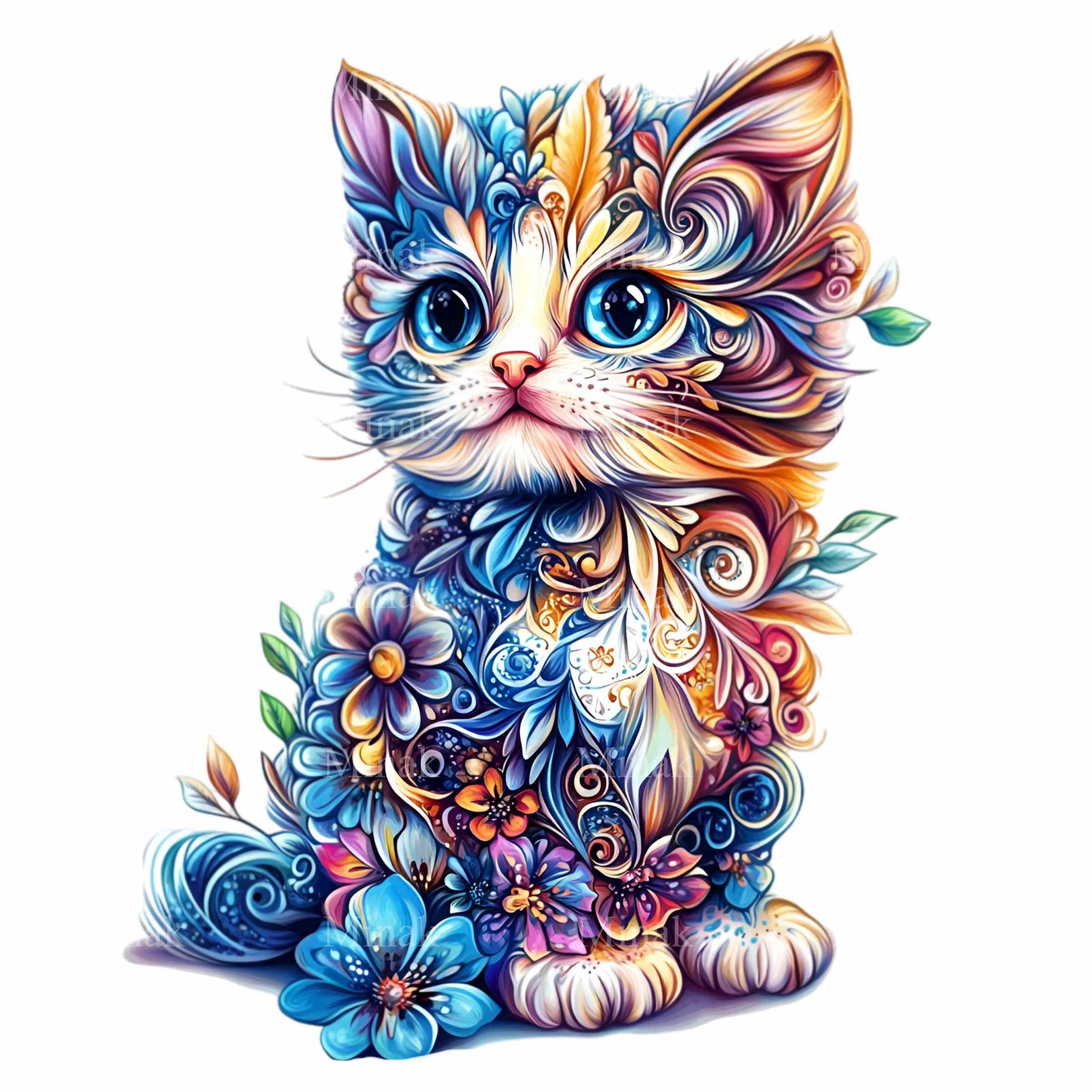 12 PNG Cat Clipart, Colorful Floral Kitten Illustration, Animal Wall ...