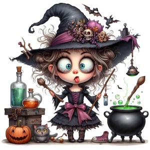 Strega carina con calderone e pozioni Clipart / 12 Halloween Witch Cooking PNG / Adorabile arte della stregoneria con gatto e pipistrelli