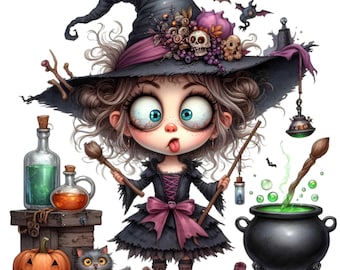 12 PNG Mädchen Hexe Clipart, Halloween Kessel Spooky Potion Magic Cat Decor