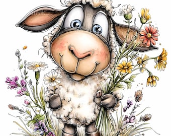 16 PNG Cute Sheep with Flowers Clipart, Whimsical Watercolor Lamb Holding Bouquet, Funny Farm Animal Digital Download, Nursery Art