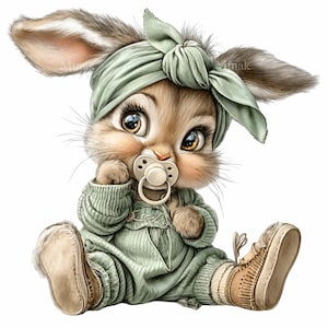 May include: A digital illustration of a baby bunny wearing a sage green outfit, including a headband, sweater, and overalls. The bunny has large, expressive eyes, a pacifier, and is wearing brown and tan sneakers. The overall style is soft and whimsical.
