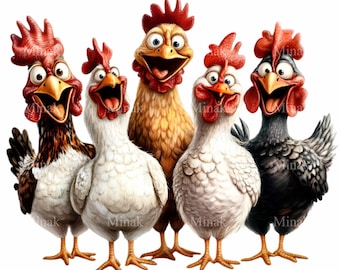 12 Funny Chickens Group PNG Clipart - Quirky Cartoon Farm Animals for Creative Projects and Farm-Themed Decor
