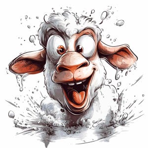 May include: A cartoon illustration of a white sheep with a brown nose and ears, sticking its head out of a splash of water. The sheep has a wide, toothy grin and its tongue is sticking out.