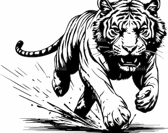 4 SVG Laufender Tiger SVG, Wildtier stürmt nach vorne, kraftvolle große Katze Digitale Illustration Sofort-Download