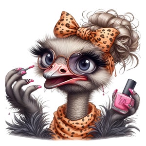 Może przedstawiać: Kreskówkowa struś z długimi rzęsami i okularami nosi opaskę i szalik w panterkę. Struś trzyma butelkę różowego lakieru do paznokci i maluje paznokcie różowym lakierem.