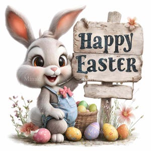 May include: A cartoon Easter bunny in blue dungarees, holding a wooden sign saying "Happy Easter." The image features colourful Easter eggs and flowers. A basket of eggs is also present. The image has a soft, pastel colour palette.