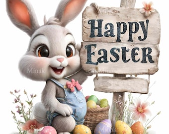 16 PNG Easter Rabbit Clipart, Happy Holiday Bunny Illustration, Spring Sign Nursery Sublimation