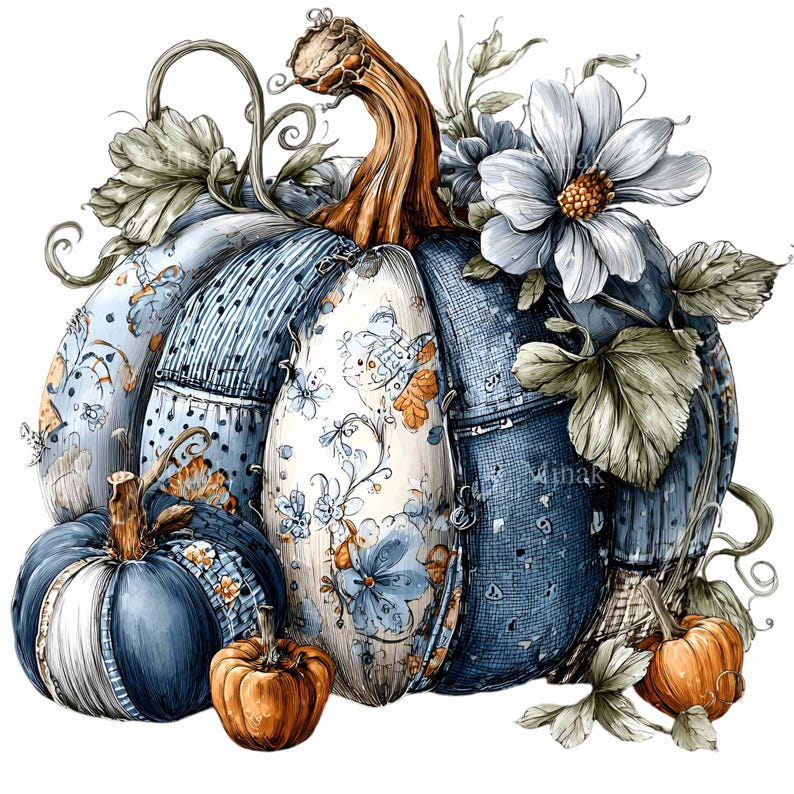Puede incluir: Ilustraci&oacute;n en acuarela de una gran calabaza de retazos en tonos azules, crema y naranja, adornada con flores blancas y hojas verdes. Calabazas m&aacute;s peque&ntilde;as de colores similares se agrupan en la base, creando un tema de cosecha de oto&ntilde;o.