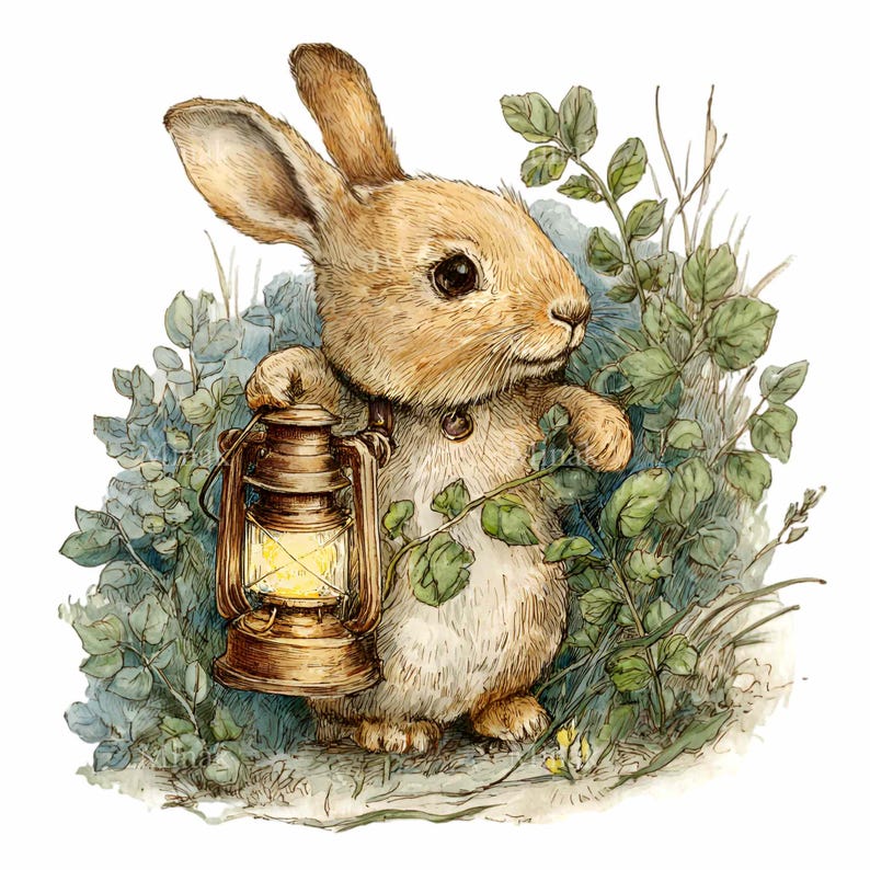 Drawing Rabbit Lanttern 16 PNG Bunny Lantern Storybook Rabbit Clipart, Vintage Nursery ...