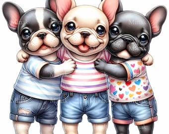 11 cachorros de bulldog francés abrazándose (PNG), clipart de sublimación de corazón con camisa a rayas