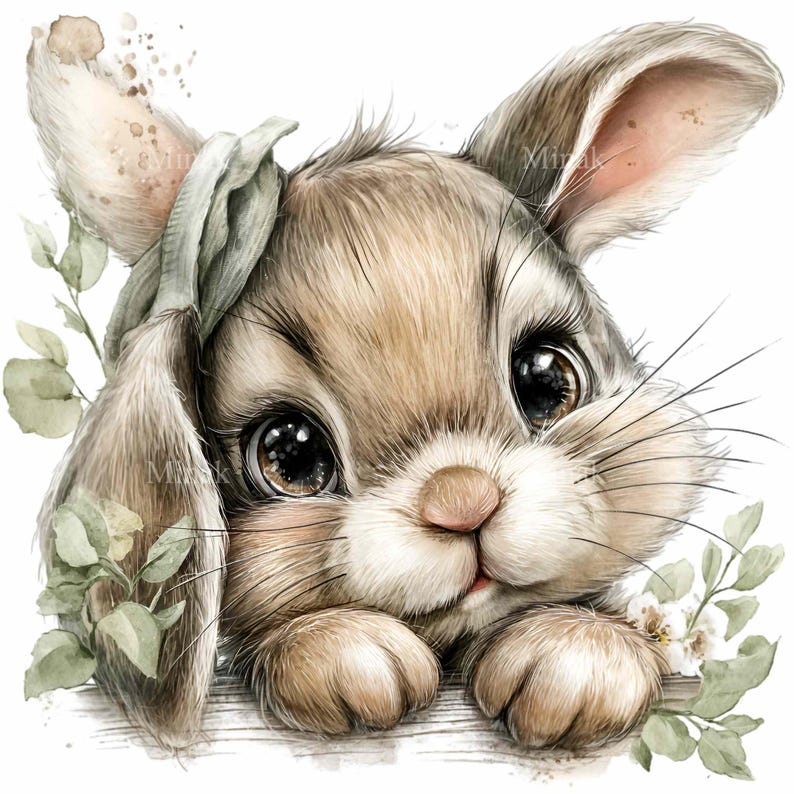 Puede incluir: Ilustraci&oacute;n en acuarela de un lindo conejito con grandes ojos marrones, con una diadema verde. El conejito es de color marr&oacute;n claro y beige, con orejas largas y bigotes. Hojas verdes y flores blancas enmarcan la cara del conejito, creando un ambiente primaveral.