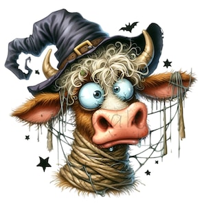 12 lustige Halloween Kuh Clipart PNG | Hexenhut Kuh Illustration | Gruselige Bauernhof Tier Kunst | Gruseliges Herbst Design