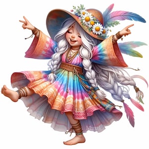 18 PNG Hippie bailando chica – Tie dye PNG clipart – Arte retro infantil con flores para impresiones de fiesta, decoración de pared, alegre sublimación de verano