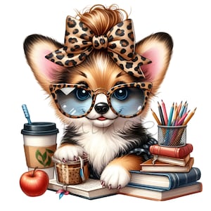 15 Corgis de café PNG - Adorable Corgi de dibujos animados con accesorios de estampado de leopardo y café, ilustración caprichosa