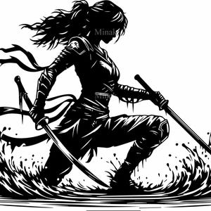 Pode incluir: Ilustração em preto e branco de uma mulher em pose de guerreira, segurando duas espadas. Ela está em pé em uma poça de água, com respingos ao redor.