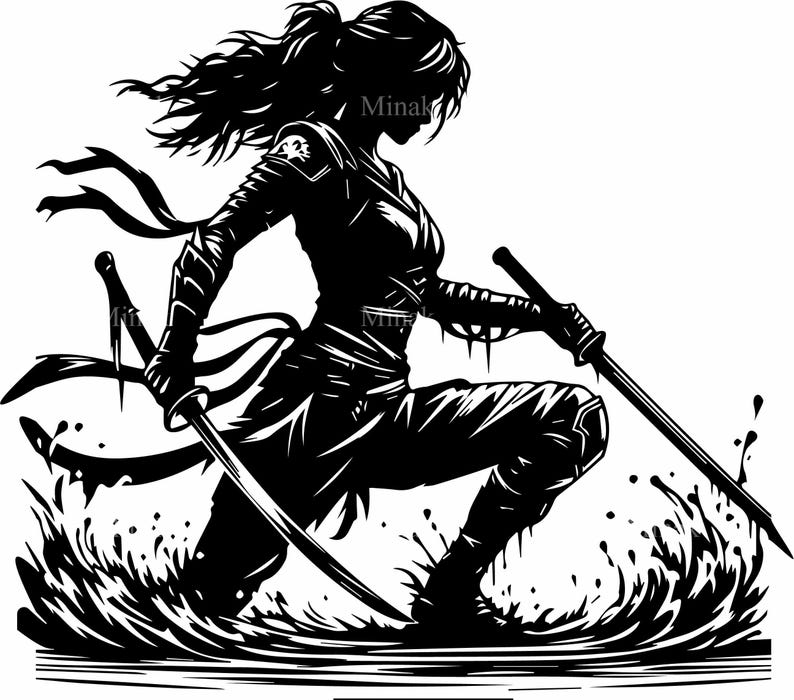 Female Warrior SVG, Sword Fighter Cut File, Action Heroine Graphic, Fantasy Battle Artwork for Shirts