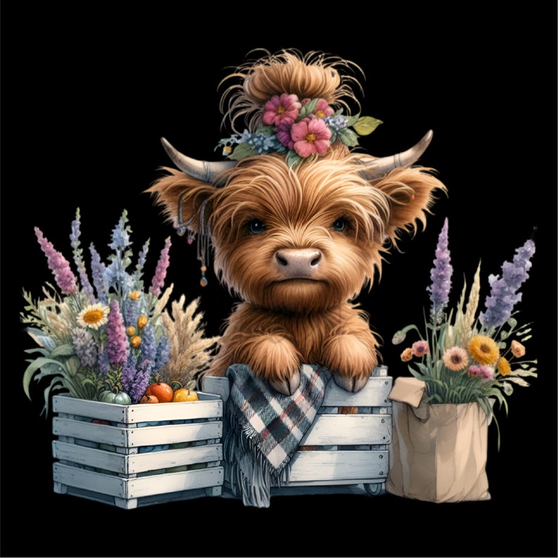 K&ouml;nnte beinhalten: Eine Highland-Kuh mit einer Blumenkrone sitzt auf einer Holzkiste mit einer karierten Decke und einer braunen Papiert&uuml;te. Die Kuh ist braun und wei&szlig; mit einer flauschigen M&auml;hne. Die Kiste ist mit Obst und Gem&uuml;se gef&uuml;llt. Der Hintergrund ist schwarz.