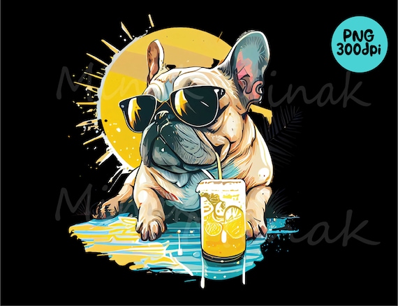 French Bulldog Clipart With Sunglasses Drinking Lemonade PNG Sublimation  Shirt 
