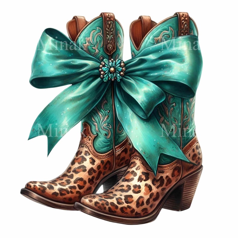 K&ouml;nnte beinhalten: Ein Paar braune Cowboy-Stiefel mit Leopardenmuster. Die Stiefel sind mit einer gro&szlig;en t&uuml;rkisfarbenen Schleife zusammengebunden.