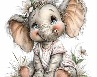 15 PNG Baby Elephant Clipart – Nursery Floral Animal Illustration for Kids Room Decor