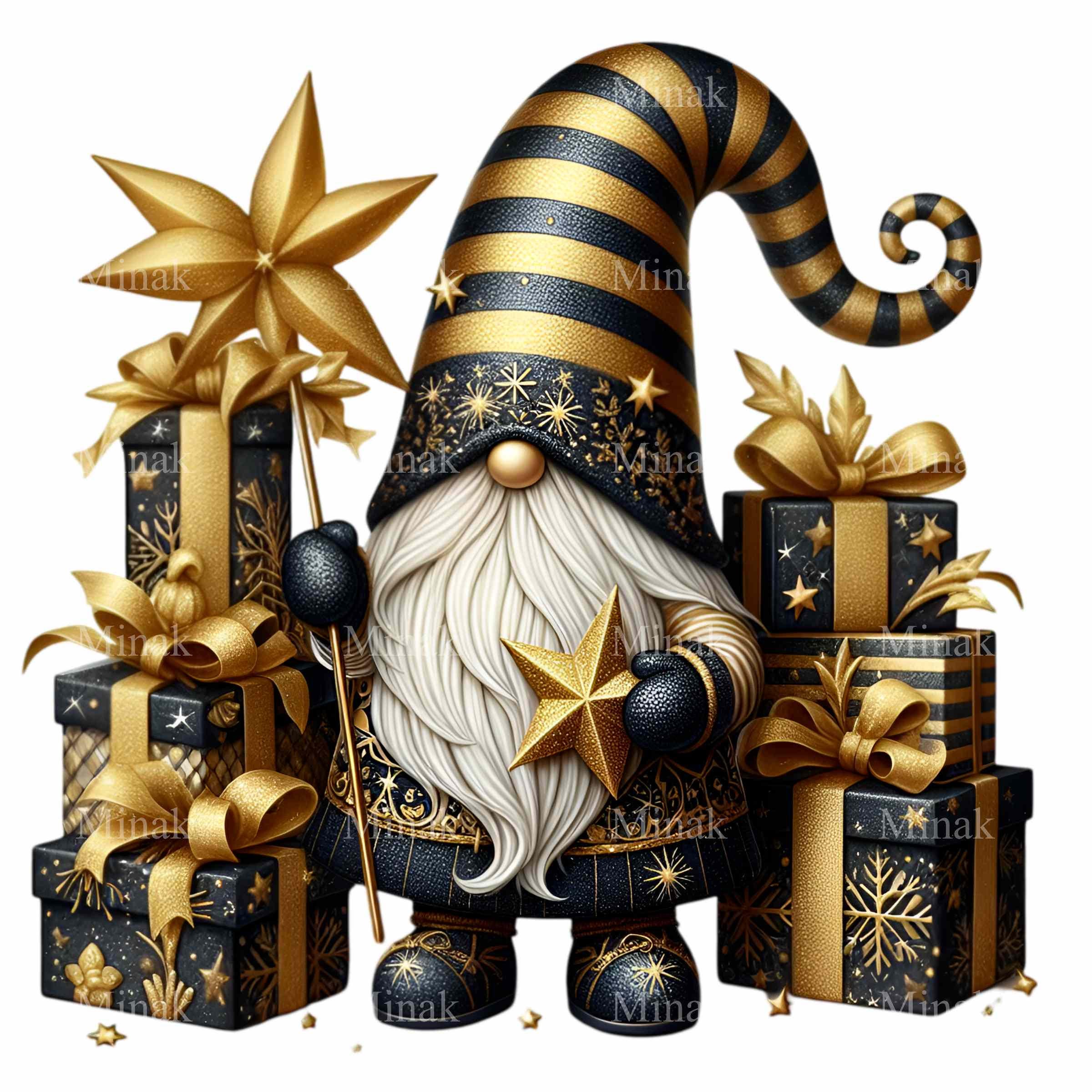 14 png kerstcadeau kabouter clipart – gouden en zwarte kerst-png –  feestelijke noordse dwerg met cadeaus voor kaarten, mokken of  winterknutsels - Etsy België, image size:2400x2400