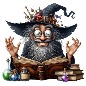 12 verrückter Zauberer PNG, lustiger Zauberer mit Buch Clipart, verrückter Wissenschaftler Magier digitaler Download