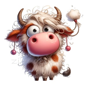 12 eigenzinnige clipart van hooglanders met pluizig haar en accessoires, grappige digitale png voor knutselen en decoreren