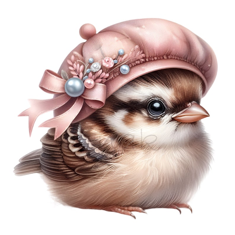 Puede incluir: Un peque&ntilde;o p&aacute;jaro marr&oacute;n y blanco que lleva una boina rosa con un lazo rosa y detalles de perlas. El p&aacute;jaro tiene un aspecto esponjoso y mira hacia la derecha.
