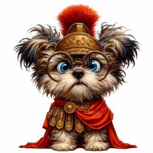 12 Roman Warrior Dog PNG Clipart - Cute Pup in Gold Helmet, Red Cape, and Gladiator Armor