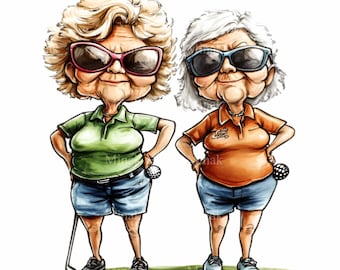 Puede incluir: Ilustración de dibujos animados de dos mujeres mayores con ropa de golf. Una lleva un polo verde, la otra uno naranja. Ambas tienen gafas de sol, pelotas de golf y pantalones cortos. Una sostiene un palo de golf.