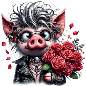 Cerdo punk peculiar PNG clipart con rosas y chaqueta de cuero / 15 arte animal divertido / Ilustración de cerdo única para manualidades
