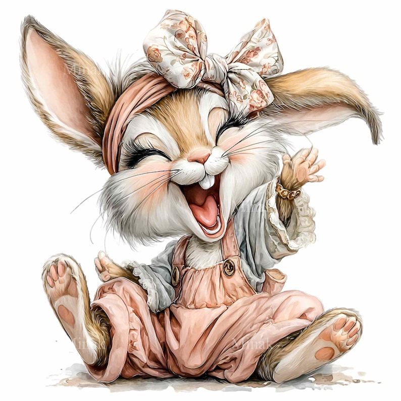Puede incluir: Un conejo de dibujos animados alegre con una diadema rosa y un lazo floral, un mono rosa y una blusa blanca. El conejo se r&iacute;e con la boca abierta y levanta el brazo en se&ntilde;al de saludo. El conejo est&aacute; sentado.