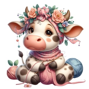 Cow Clip Art, 10 PNG Crochet Clipart, Knitting Clipart, Funny Grandma Mother's Day Card Making, Sublimation Gift Card Printable Wall Art