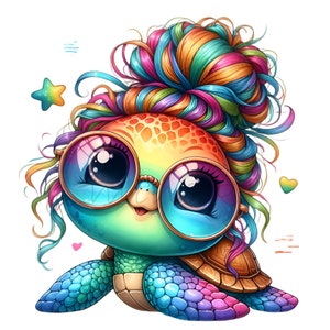 May include: A colorful cartoon turtle with rainbow hair in a bun, wearing round blue glasses. The turtle has a rainbow shell and is smiling.